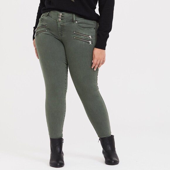 New Torrid Super Stretch Jegging 20R 20 R Olive Green Soft Multi Zip Moto Pants - Picture 6 of 6